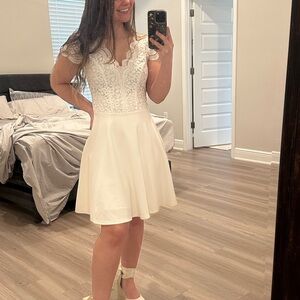 B Darlin White Fit and Flare Formal Dress with V-Neck and Short Sleeves
